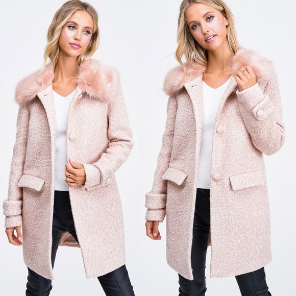 Pink Faux Fur Collar Wool Blend Single Breast Coat - Picture 3 of 10